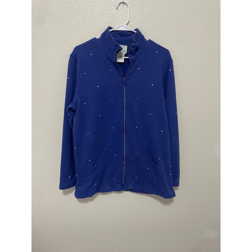 Quacker Factory Zip Up Sweatshirt Women Large Blue Excellent Rhinestone Bling